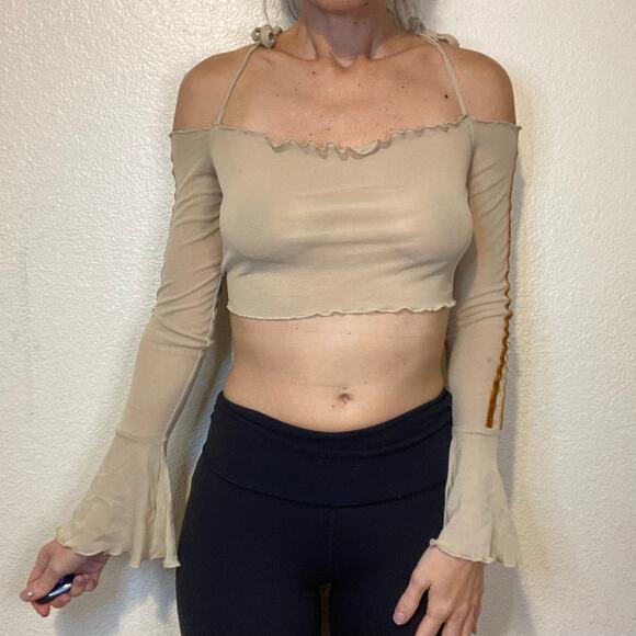 Zemeta Beige Mesh Tie Crop Top Long Sleeve Sheer Velvet Brown Stripes Size Small - Picture 6 of 10